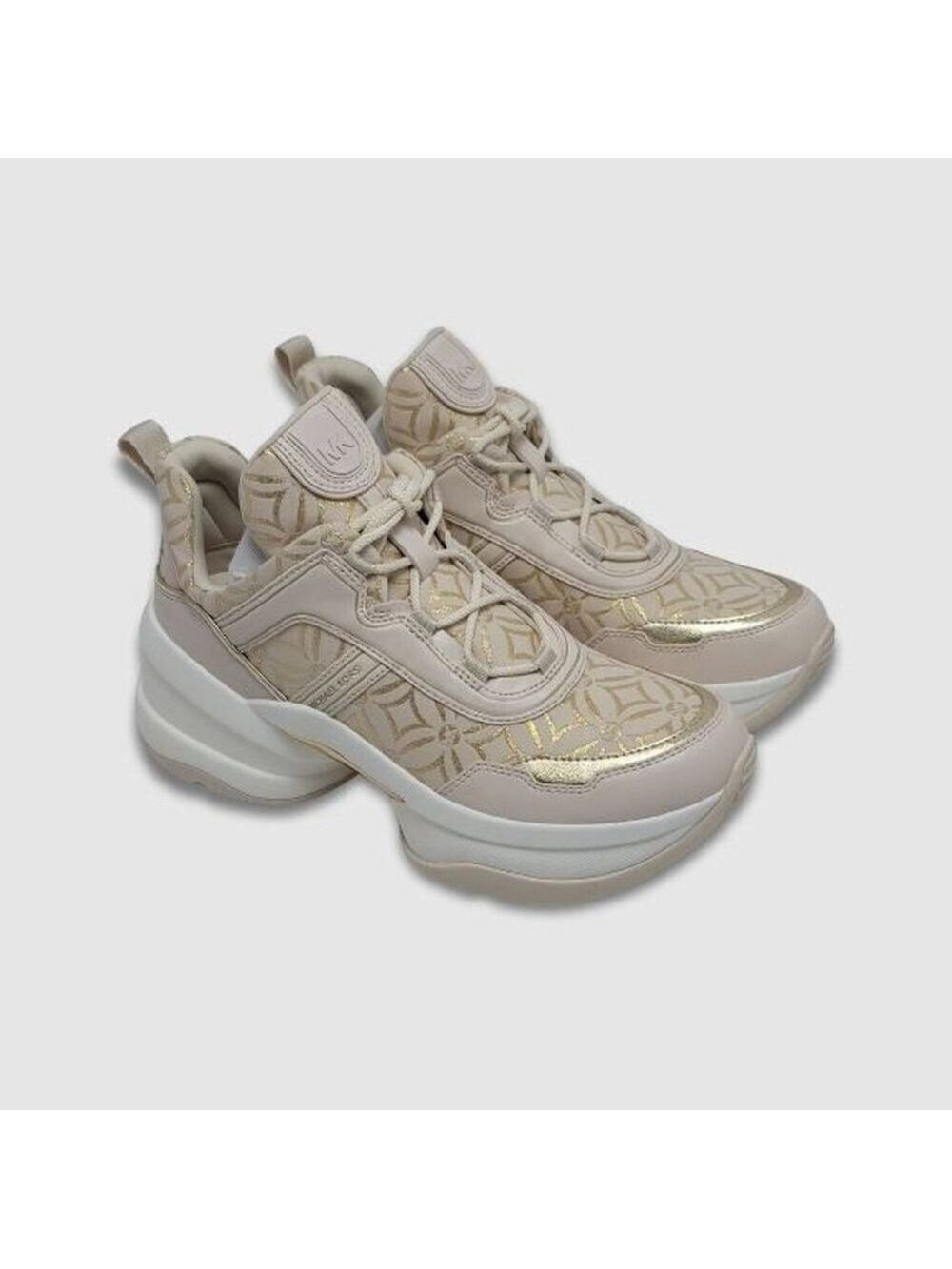 Michael Kors Olympia Metallic Logo Jacquard Trainer Cream Gold Women's 10M NIB - Picture 3 of 13